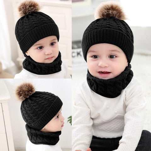 Image of Little Bumper Baby Accessories Black / United States Baby Knitted Pom Pom Beanie and Scarf Set
