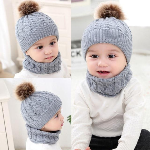 Image of Little Bumper Baby Accessories Gray / United States Baby Knitted Pom Pom Beanie and Scarf Set