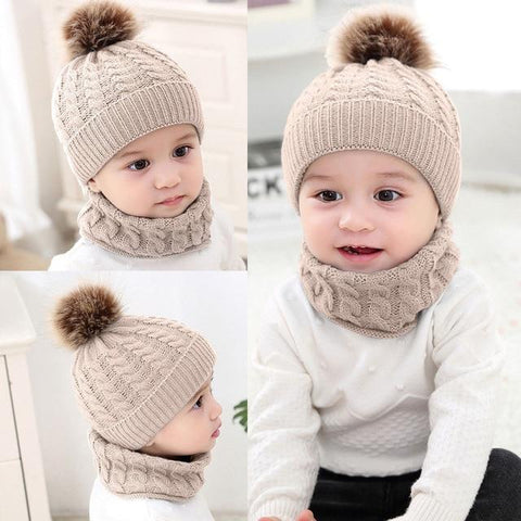 Image of Little Bumper Baby Accessories Khaki / United States Baby Knitted Pom Pom Beanie and Scarf Set