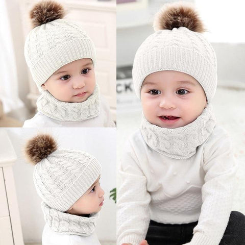 Image of Little Bumper Baby Accessories White / United States Baby Knitted Pom Pom Beanie and Scarf Set