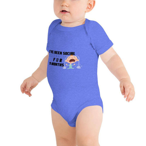 Image of Little Bumper Baby Bodysuit Heather Columbia Blue / 3-6m I've Been Social Distancing for 9 Months Baby Bodysuit