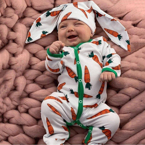 Image of Little Bumper Baby Clothes Baby Carrot Print Romper Jumpsuit With Rabbit Ears Hat