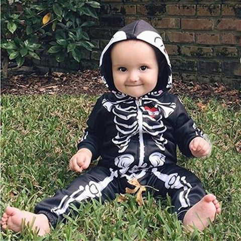 Image of Little Bumper Baby Clothes Black / 24M / United States Hooded Skull Skeleton Baby Romper