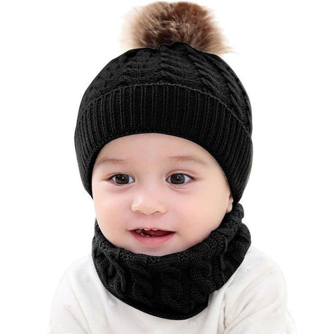 Image of Little Bumper Baby Clothes Black / United States Knitted Baby Hat Cap+Scarf  2Pcs.