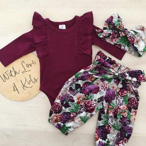 Image of Little Bumper Baby Clothes Fly Sleeve Romper+Floral Pants+Headband 3 pcs.