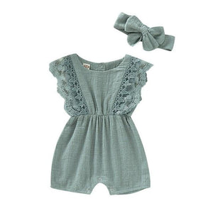 Little Bumper Baby Clothes G / 12M / United States Solid Lace Design Romper Jumpsuit With Headband One-Piece