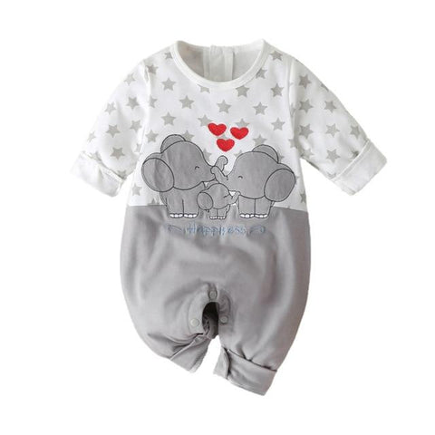 Image of Little Bumper Baby Clothes Gray / United States / 3M Long Sleeve Elephant Cartoon Star Print Romper