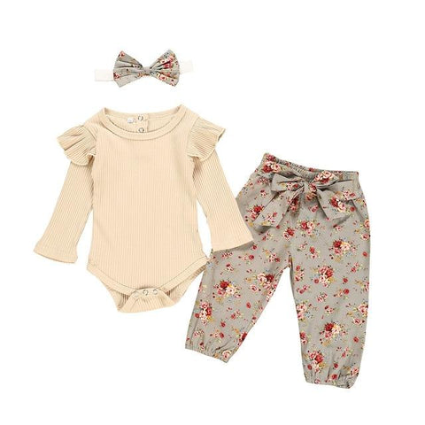 Image of Little Bumper Baby Clothes Khaki / 18M Baby Girl 3Pcs Cotton Outfit Set