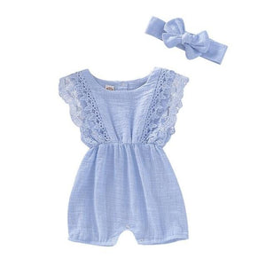 Little Bumper Baby Clothes L / 12M / United States Solid Lace Design Romper Jumpsuit With Headband One-Piece