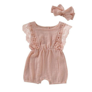 Little Bumper Baby Clothes P / 12M / United States Solid Lace Design Romper Jumpsuit With Headband One-Piece