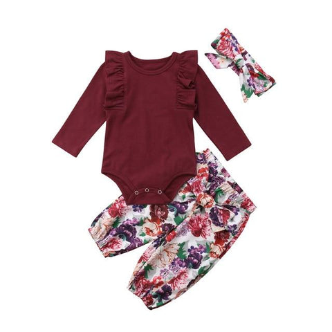 Image of Little Bumper Baby Clothes Purple / 12M / United States Fly Sleeve Romper+Floral Pants+Headband 3 pcs.