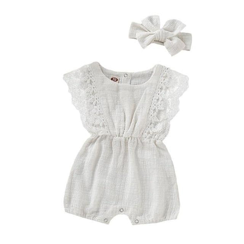 Image of Little Bumper Baby Clothes W / 12M / United States Solid Lace Design Romper Jumpsuit With Headband One-Piece