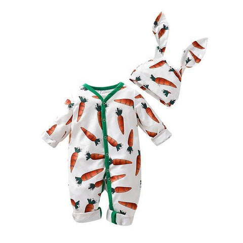 Image of Little Bumper Baby Clothes White / 12M / United States Baby Carrot Print Romper Jumpsuit With Rabbit Ears Hat