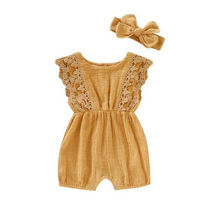Little Bumper Baby Clothes Y / 12M / United States Solid Lace Design Romper Jumpsuit With Headband One-Piece