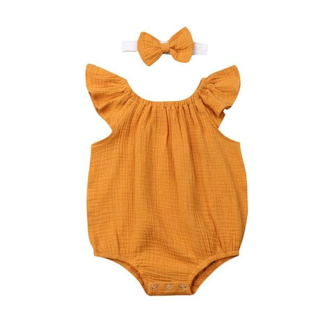 Image of Little Bumper Baby Clothes Yellow / 24M / United States Fly Sleeve  Ruffles Romper + Headband