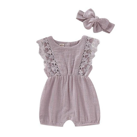 Image of Little Bumper Baby Clothes Z / 12M / United States Solid Lace Design Romper Jumpsuit With Headband One-Piece