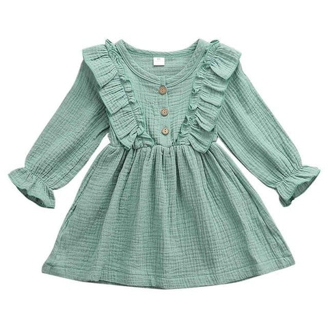 Image of Little Bumper Children Clothes Green / 2T Ruffles Long Sleeve Solid Cotton Dress