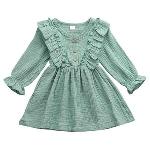 Little Bumper Children Clothes Green / 2T Ruffles Long Sleeve Solid Cotton Dress
