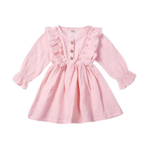 Image of Little Bumper Children Clothes Pink / 5T Ruffles Long Sleeve Solid Cotton Dress