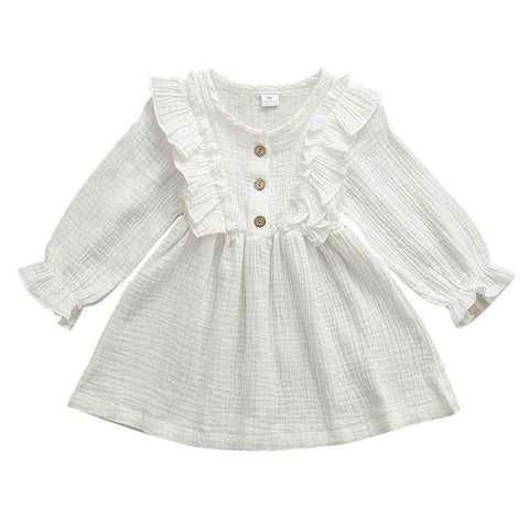 Image of Little Bumper Children Clothes White / 4T Ruffles Long Sleeve Solid Cotton Dress