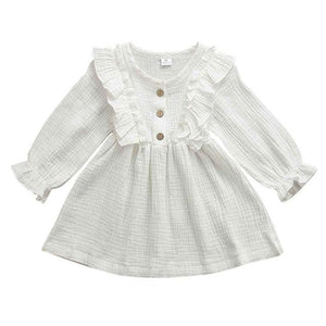 Little Bumper Children Clothes White / 4T Ruffles Long Sleeve Solid Cotton Dress
