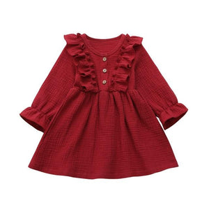 Little Bumper Children Clothes Wine Red / 4T Ruffles Long Sleeve Solid Cotton Dress