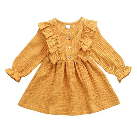 Image of Little Bumper Children Clothes YELLOW / 3T Ruffles Long Sleeve Solid Cotton Dress