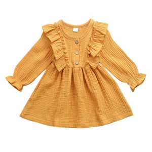 Little Bumper Children Clothes YELLOW / 3T Ruffles Long Sleeve Solid Cotton Dress