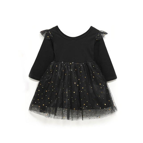 Image of Little Bumper Girls Clothes Black / 4-5Y Long Sleeve Ruffles Star Tutu Party Dress