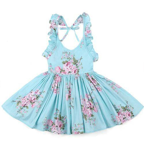 Image of Little Bumper Girls Clothes blue / 2T / United States Summer Beach Style Floral Print Party Backless Dresses For Girls