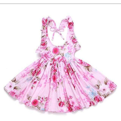 Image of Little Bumper Girls Clothes deep pink / 12M / United States Summer Beach Style Floral Print Party Backless Dresses For Girls