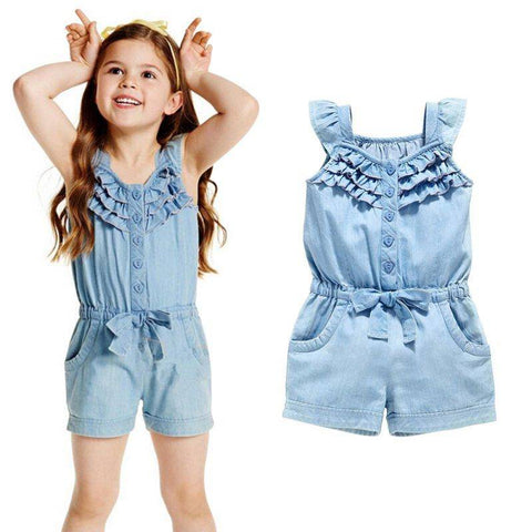 Image of Little Bumper Girls Clothes Denim Blue Cotton Sleeveless Romper