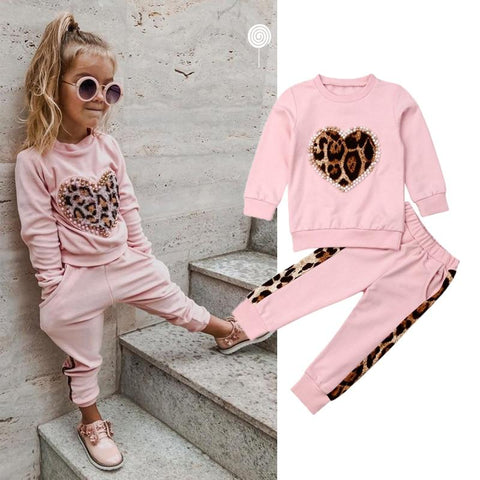 Image of Little Bumper Girls Clothes Girls Pink Long Sleeve Leopard Tracksuit Set