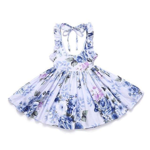 Image of Little Bumper Girls Clothes gray blue / 7 / United States Summer Beach Style Floral Print Party Backless Dresses For Girls