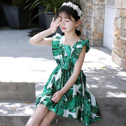 Image of Little Bumper Girls Clothes Green / 8 / United States Green Banana Leaf Print Girls Dress