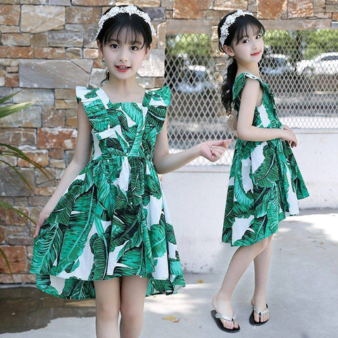 Image of Little Bumper Girls Clothes Green Banana Leaf Print Girls Dress