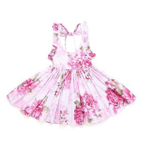 Image of Little Bumper Girls Clothes pink / 12M / United States Summer Beach Style Floral Print Party Backless Dresses For Girls