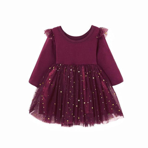 Image of Little Bumper Girls Clothes Red / 4-5Y Long Sleeve Ruffles Star Tutu Party Dress