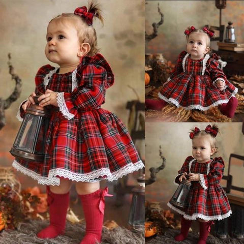Image of Little Bumper Girls Clothes Red / 4T / United States Red Plaid Print Lace Ruffle Dress