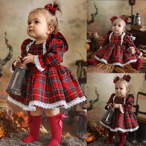 Image of Little Bumper Girls Clothes Red Plaid Print Lace Ruffle Dress