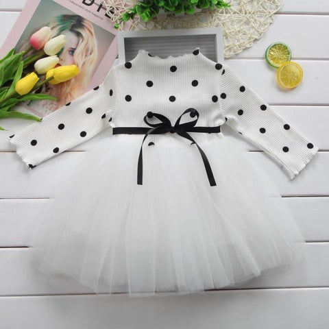 Image of Little Bumper Girls Clothes White / Newborn Long Sleeve Dotted Baby Girl Dress