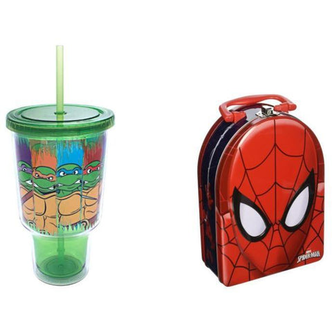 Image of Little Bumper Kids & Babies 2 Pack Marvel Spider-Man Head Shaped Tin & TMNT Character Jumbo Cold Cup with Lid and Straw