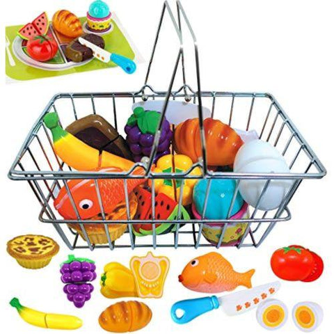 Image of Little Bumper Kids Toys Kids Toy Stainless Steel Grocery Cart with Cuttable Play Kitchen Food