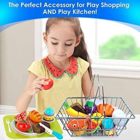 Little Bumper Kids Toys Kids Toy Stainless Steel Grocery Cart with Cuttable Play Kitchen Food