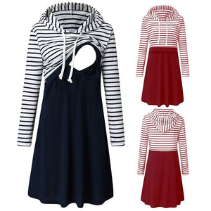 Little Bumper Mommies Clothes Long Sleeve Striped Hooded Nursing Dress