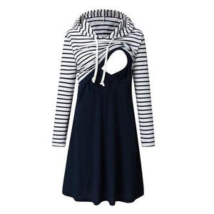 Little Bumper Mommies Clothes Navy / XL / United States Long Sleeve Striped Hooded Nursing Dress