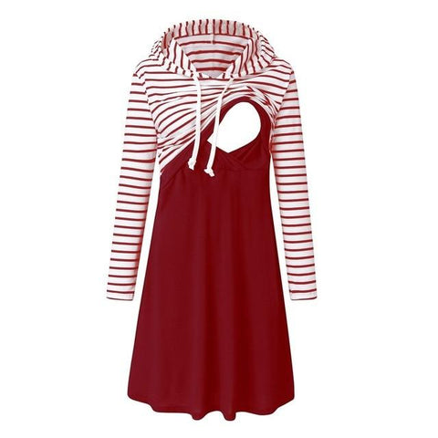 Image of Little Bumper Mommies Clothes red / L / United States Long Sleeve Striped Hooded Nursing Dress