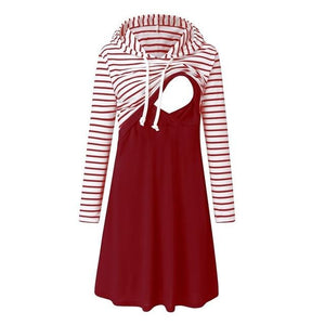 Little Bumper Mommies Clothes red / L / United States Long Sleeve Striped Hooded Nursing Dress