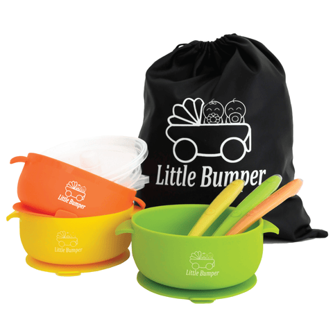 Image of MyLittleBumper Feeding Orange-Yellow-Green Little Bumper Bowls and Spoons Set