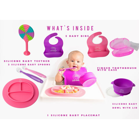 Image of MyLittleBumper Feeding Pink-Purple Little Bumper Silicone Baby Feeding Set